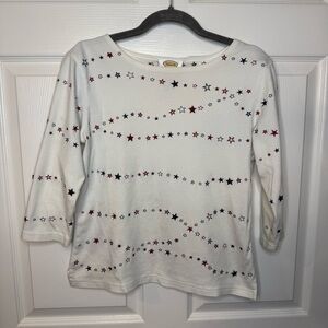 Talbots White 3/4 Sleeve White Shirt with Blue and Red Embroidered Beaded Stars